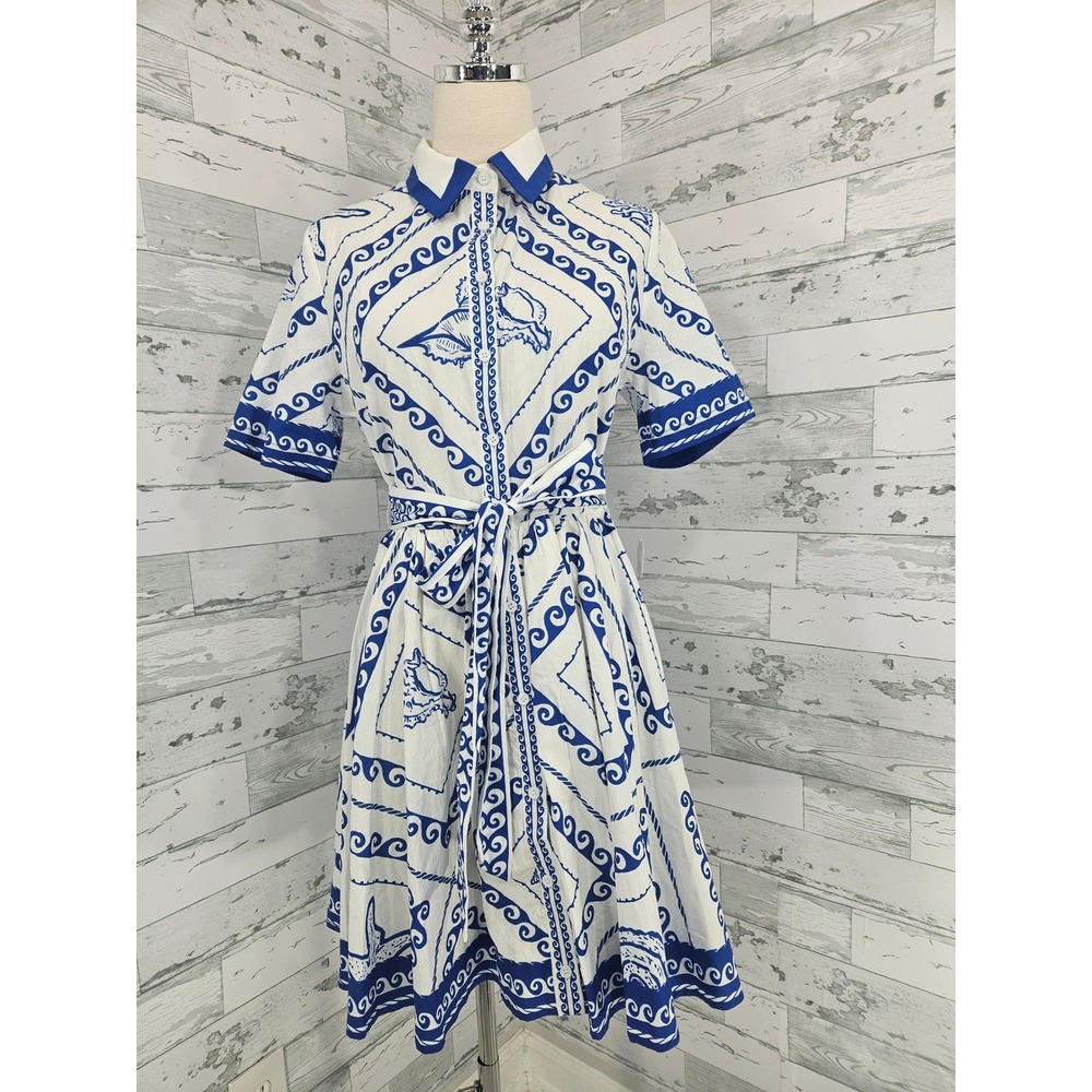 Flying Tomato Blue White Nautical Scarf Print Shirt Dress Medium